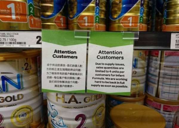 澳超市中文布告限买2罐奶粉英文限4罐 被批歧视