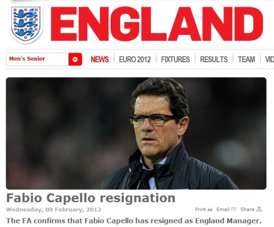 英足总官方确认:英格兰国家队主帅卡佩罗辞职