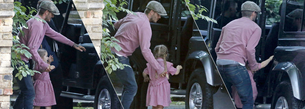 粉色亲子装超有爱！小贝变萌萌奶爸抱女儿上车