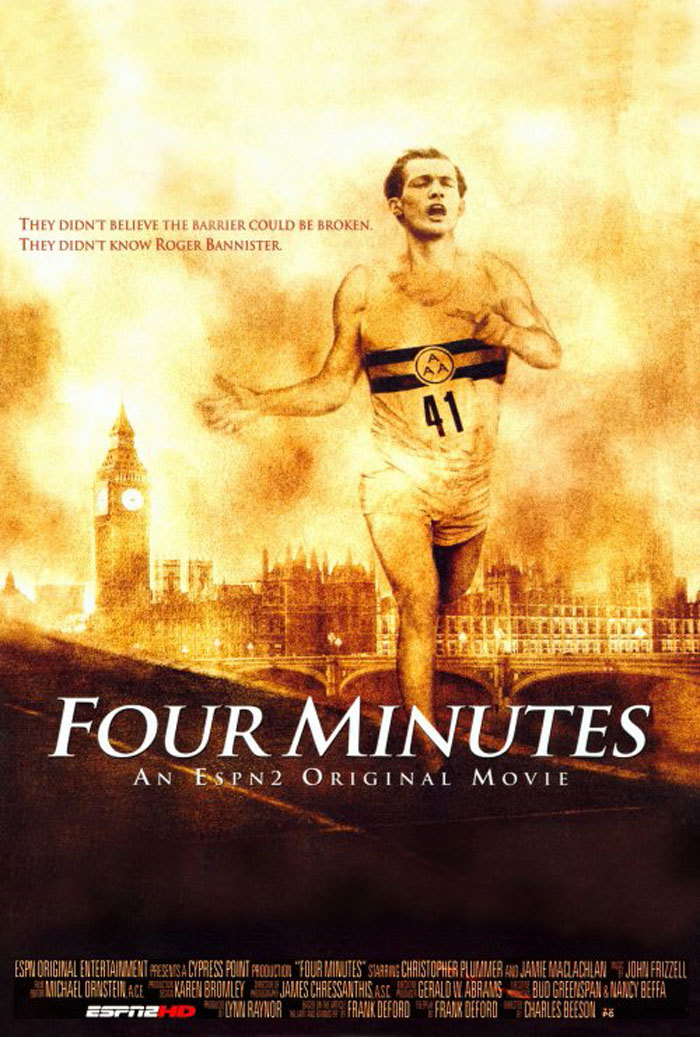 《四分钟》讲述的是主人公发现自己运动天赋，在全国运动会上跑进了四分钟，以3分59秒4/10的时间打破了英国全国纪录，同时也打破了世界纪录的故事。