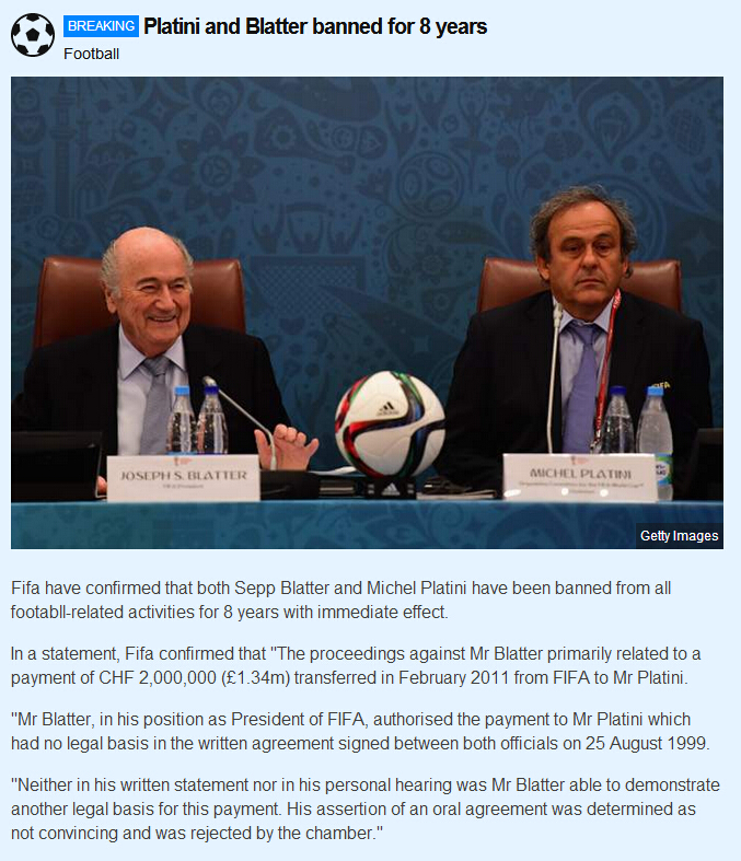 重磅!普拉蒂尼和布拉特被禁足8年 两大佬遭重罚!