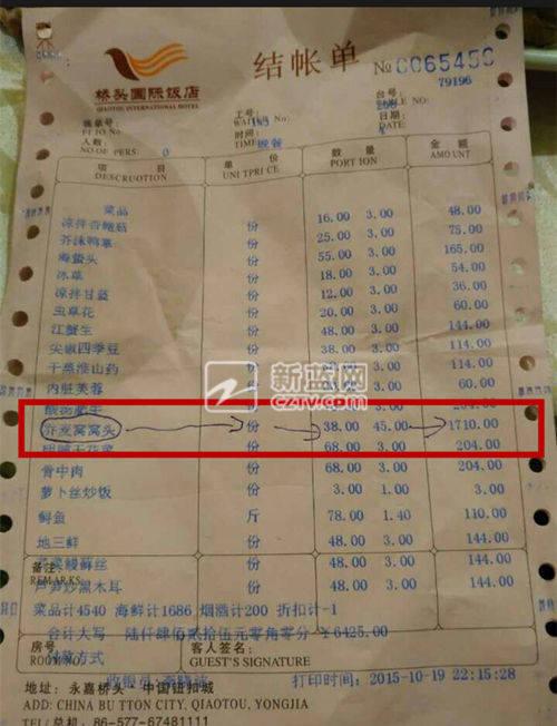 结账单原标题：浙江温州现天价窝窝头：三盘1700元(图)继青岛出现38元一只