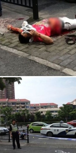 图为网友上传的事发现场照片,死者满身是血倒在血泊中.