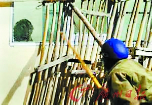 　　工作人员在房屋外窥视金钱豹。