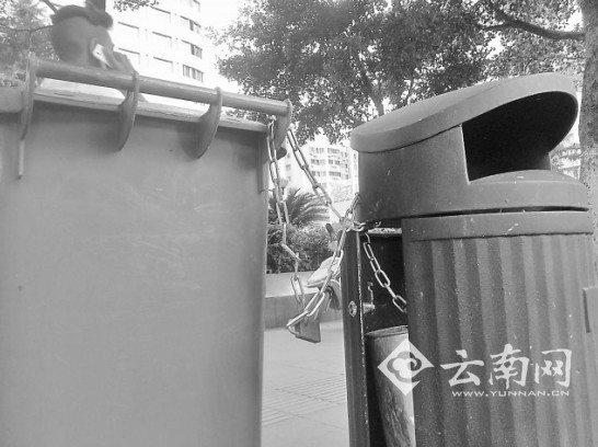 “天价”垃圾桶旁摆上了塑料垃圾桶