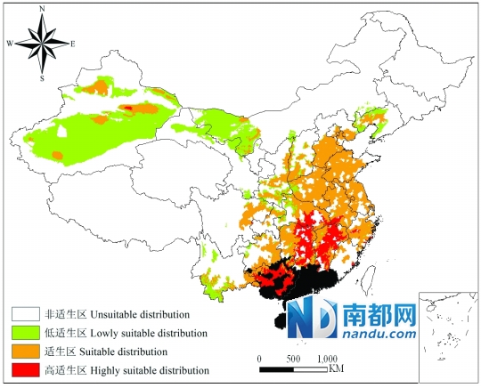 基于传毒介体和寄主分布的棉花曲叶病在中国的潜在适生区。