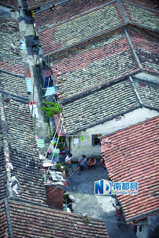 ●村内的老房子大多已出租，几名租客蹲在墙根聊天。