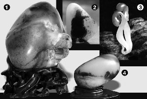 　　1.裂出来的“八戒”2.黑皮“熊大”3.大师亲雕的豆芽 4.籽料风景画  （孔伟/摄）