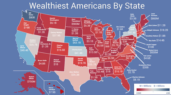 一张地图告诉你美国各州首富在哪里|美国|全美