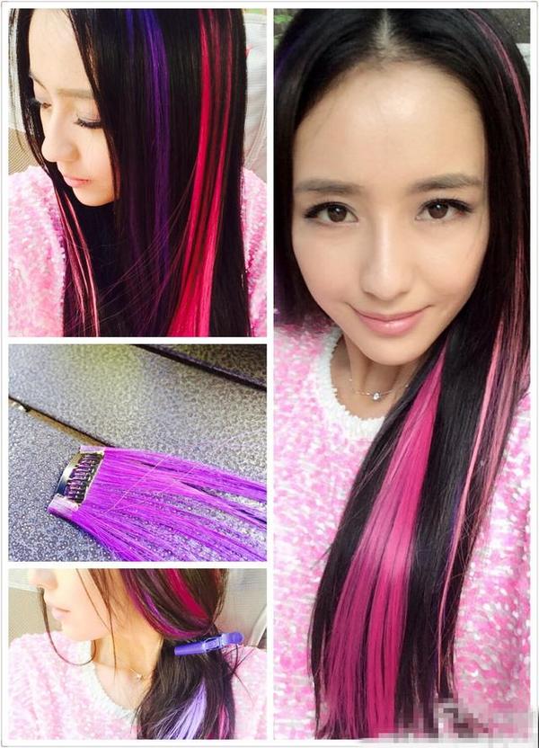 佟丽娅(微博)用假发片尝试了一把紫色挑染，