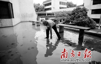 防水专家老陈在屋面放满水，以检验防水效果。南方日报记者 何俊 摄