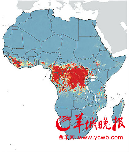 此图显示，中非和西非成为可能暴发埃博拉疫情的高危区