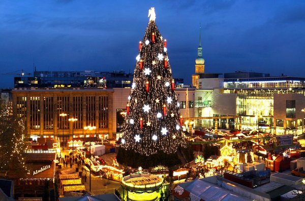 德国法兰克福竖起巨型圣诞树 高30米树龄110