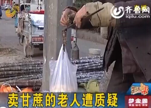 滨州：卖甘蔗的老人在朋友圈“火了” 遭市民质疑（视频截图）