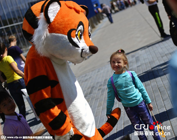 当地时间2015年9月26日,俄罗斯符拉迪沃斯托克全禄航空公司一架波音747-400飞机正面喷绘东北虎形象以迎接老虎日。图片来源:CFP