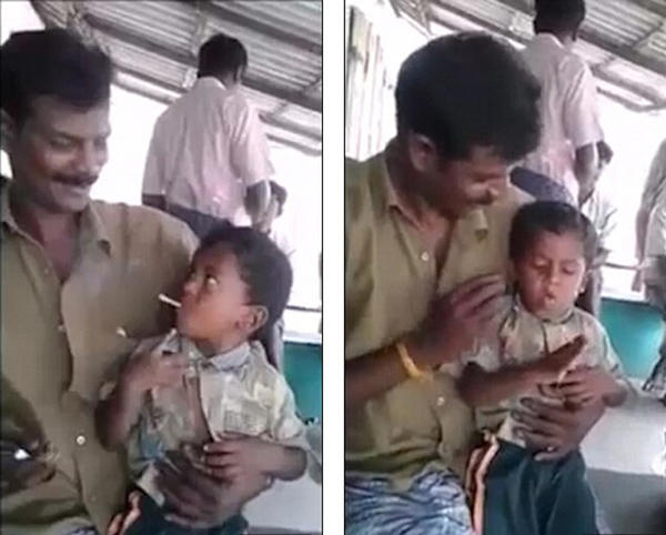 左图中这名男子点燃一根香烟，然后将其放在男童嘴中，脸上还带着笑容。右图中出现令人担忧的场景，男孩开始咳嗽，说话也语无伦次。（网页截图）