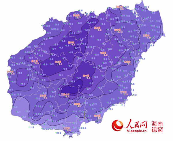2016年1月23日08时～25日08时全岛各地最低气温分布(单位 ℃)