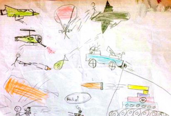 很多孩子们画下了摧毁城市的各种军用武器。（网页截图）
