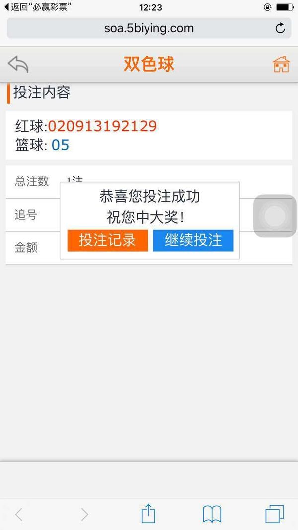 　　本图为本报记者在必赢彩票投注成功的截图。