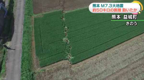 日本熊本县发生7.3级地震后，部分农田土地发生明显错位。视频截图