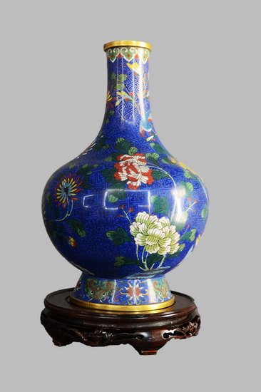 旧蔵 清 乾隆年制 純銅エナメル彩 景泰藍工藝 モザイク寶石 花瓶
