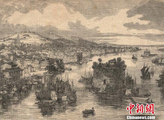19世纪广州城及珠江全景图。