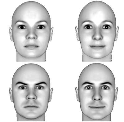 上面四张脸孔是科学家用电脑制作的.哪个面孔更让你觉得亲切?