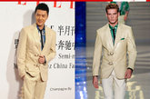 演绎事业如日中天的冯绍峰身着Versace2012春夏男士系列的裸色皮带扣元素的皮革西装亮相。西装很有设计感，但搭配一双同样元素的皮靴不仅显得细节过多。