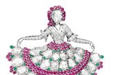 在“精致优雅” 展区中展出的梵克雅宝Ballerina芭蕾舞伶胸针，1943年。以梨形、圆形切割钻石镶嵌而成，并以红宝石和祖母绿加以点缀，底座为铂金材质。Van Cleef & Arpels梵克雅宝典藏