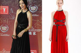 韩国女星韩佳人穿着Michael Kors 2011早秋系列礼裙亮相上海电影节闭幕红毯。黑色礼服略显保守，幸好还有甜美的脸庞做衬托。
