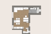 “舒适、活力”是这套32平公寓的设计主题。公寓空间局促，但包含了基本功能间，布局紧凑，少隔断，多开放，并利用白色放大空间感。卧室安排在二层的小区域，仅容下一张床，但却舒适无比，这也是小户型loft的常用设计。彩色叶子墙纸和翠绿色家具点缀其中，赋予小公寓活力与生机，备显清新。（实习编辑：温存）