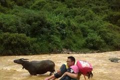 云南一小学师生涉水过河上学