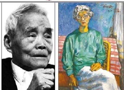 丁天缺（左）72岁才与年轻时暗恋的女子结婚，堪称佳话。右图为1998年结婚十周年时，丁天缺为夫人徐祖瑛画的油画《半个世纪的画像》。