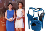 钟欣桐蓝色礼服裙搭配Giuseppe Zanotti蓝色防水台高跟鞋，相得益彰。