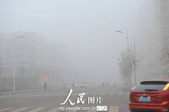 2013年1月29日，山东青州市街头，人们在大雾中出行。（王继林/人民图片）