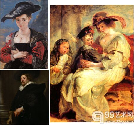 左上：《海伦芙尔曼画像》，左下：鲁本斯自画像；右：《海伦芙尔曼和两个孩子》