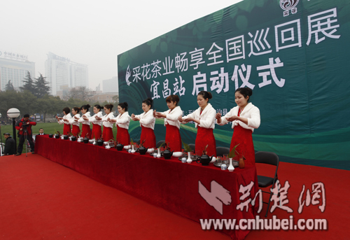 采花茶业集团公司的茶艺师用优雅曼妙的茶艺来演绎湖北第一名茶“采花毛尖”