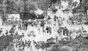 　　右：《清明上河图》局部，北宋开始，中国的城市才允许“市”“坊”混合，商业繁荣造就了“坊无广巷，市不通骑”的汴京。