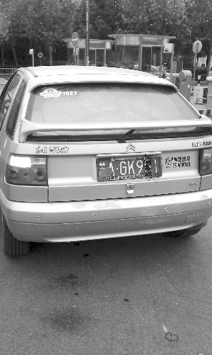 落叶正好飘在车牌上