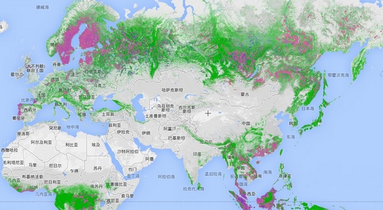 全球森林系统上,绿色表示世界各地森林覆盖率,程度越深表示覆盖率越高