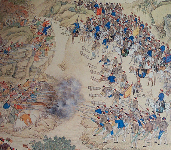 清代战阵彩绘画面中间为清军炮队,下方为鸟枪队
