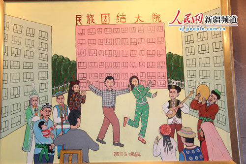 农民画《民族团结大院》