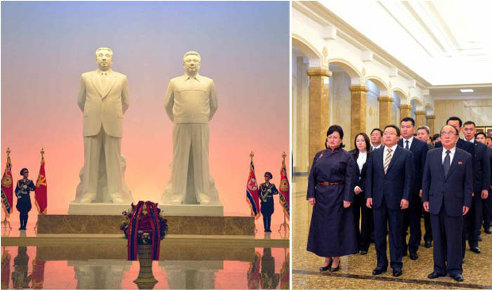 蒙古总统额勒贝格道尔吉29日前往锦绣山太阳宫,瞻仰金日成大元帅和